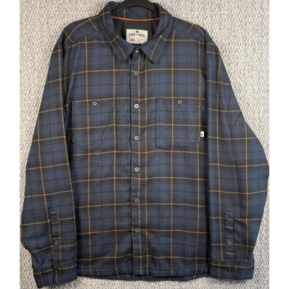 Plaid Shirt Jacket Mens 2XL Tall Vented Back Flannel Hiking Camp Button Up
